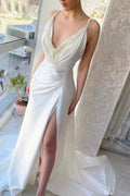 Fabulous Long White V-neck Pearls Sleeveless Prom Dress With Slit by misshow.com