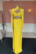 Fabulous Long Yellow Sequined High Neck Long Sleeves Prom Dress With Slit by misshow.com