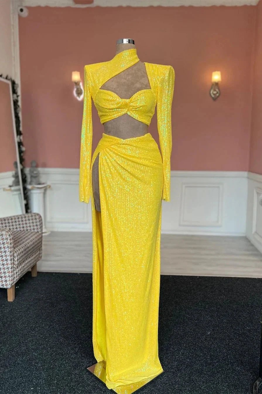 Fabulous Long Yellow Sequined High Neck Long Sleeves Prom Dress With Slit by misshow.com