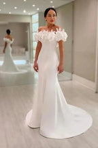 Fabulous Mermaid Satin Off-The-Shoulder Sleeveless White Wedding Dress by misshow.com