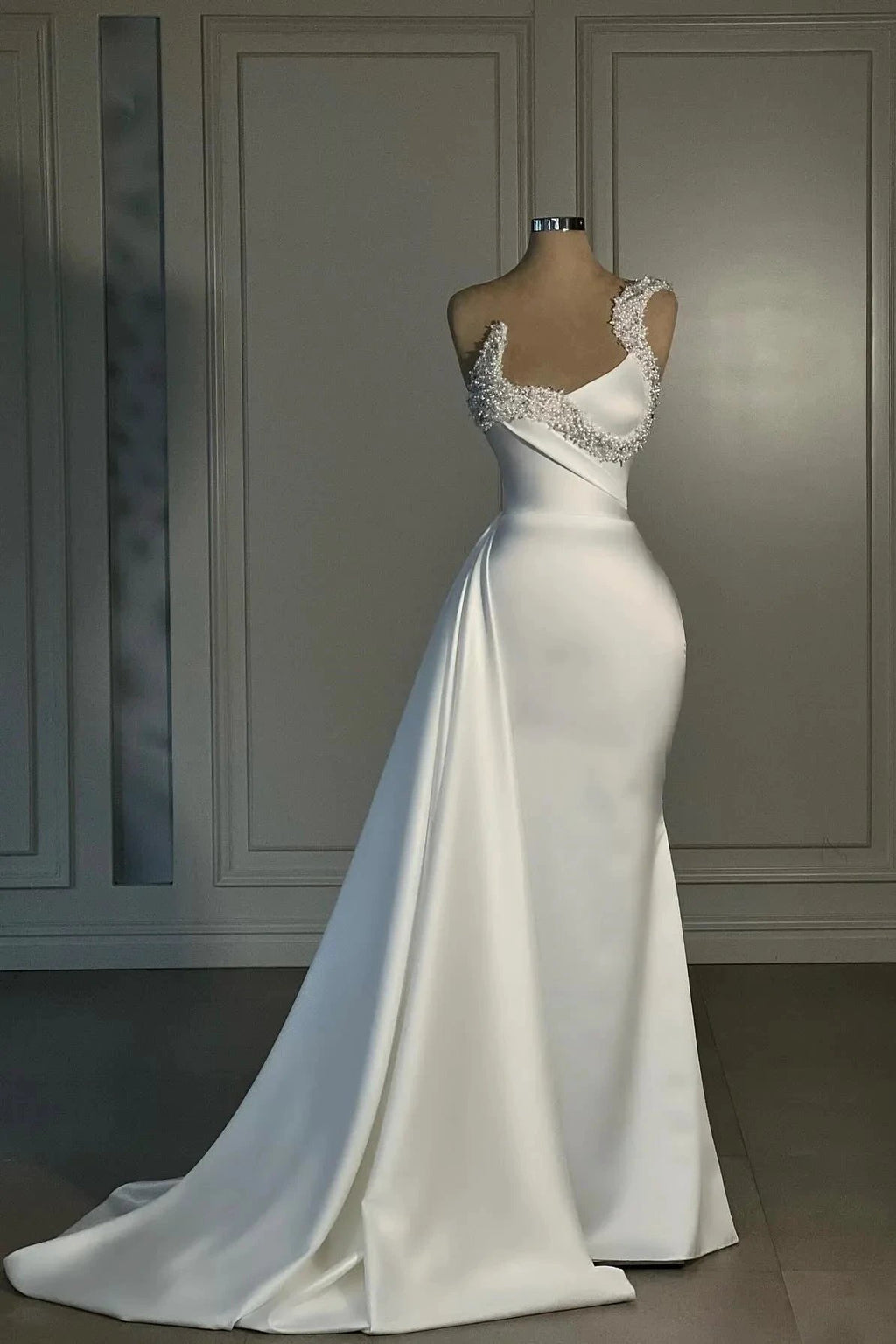 Fabulous Mermaid Satin One Shoulder Sleeveless White Wedding Dresses With Rhinestone by misshow.com