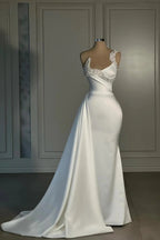Fabulous Mermaid Satin One Shoulder Sleeveless White Wedding Dresses With Rhinestone by misshow.com