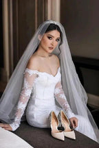 Fabulous Off-the-shoulder Long-Sleeve Mermaid Floor-Length Lace Wedding Dresses with Chapel Train by misshow.com