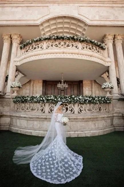 Fabulous Off-the-shoulder Long-Sleeve Mermaid Floor-Length Lace Wedding Dresses with Chapel Train by misshow.com