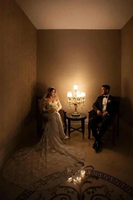 Fabulous Off-the-shoulder Long-Sleeve Mermaid Floor-Length Lace Wedding Dresses with Chapel Train by misshow.com