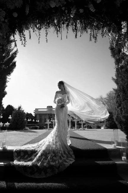Fabulous Off-the-shoulder Long-Sleeve Mermaid Floor-Length Lace Wedding Dresses with Chapel Train by misshow.com