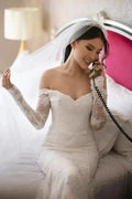 Fabulous Off-the-shoulder Long-Sleeve Mermaid Floor-Length Lace Wedding Dresses with Chapel Train by misshow.com