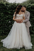 Fabulous Off-the-shoulder Sleeveless A-Line Tulle Wedding Dresses with Appliques by misshow.com