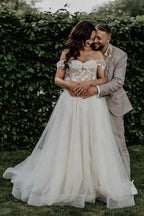 Fabulous Off-the-shoulder Sleeveless A-Line Tulle Wedding Dresses with Appliques by misshow.com