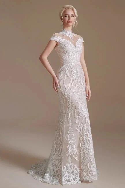 Fabulous Off-the-shoulder Sleeveless Mermaid Floor-Length Lace Wedding Dresses with Pattern by misshow.com