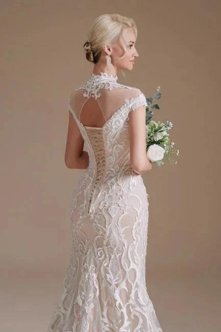 Fabulous Off-the-shoulder Sleeveless Mermaid Floor-Length Lace Wedding Dresses with Pattern by misshow.com