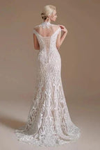 Fabulous Off-the-shoulder Sleeveless Mermaid Floor-Length Lace Wedding Dresses with Pattern by misshow.com