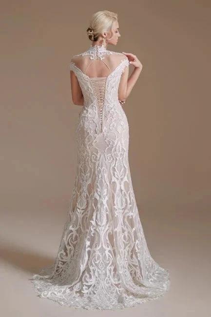 Fabulous Off-the-shoulder Sleeveless Mermaid Floor-Length Lace Wedding Dresses with Pattern by misshow.com