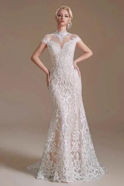Fabulous Off-the-shoulder Sleeveless Mermaid Floor-Length Lace Wedding Dresses with Pattern by misshow.com