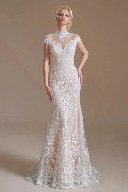 Fabulous Off-the-shoulder Sleeveless Mermaid Floor-Length Lace Wedding Dresses with Pattern by misshow.com