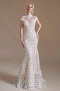 Fabulous Off-the-shoulder Sleeveless Mermaid Floor-Length Lace Wedding Dresses with Pattern by misshow.com