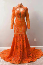 Fabulous Orange Halter Appliques Lace Long Sleeve Mermaid Prom Dresses by misshow.com