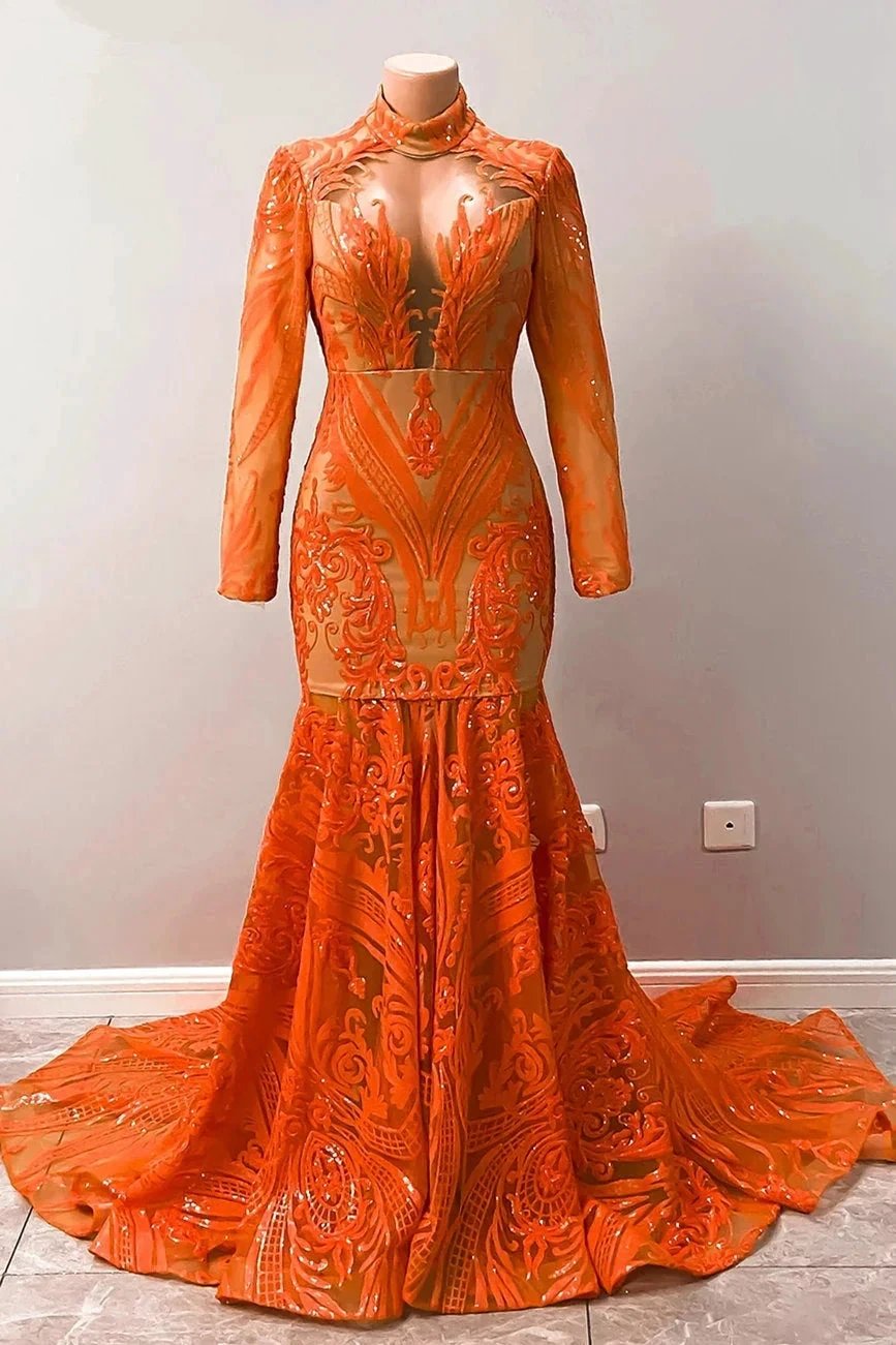 Fabulous Orange Halter Appliques Lace Long Sleeve Mermaid Prom Dresses by misshow.com