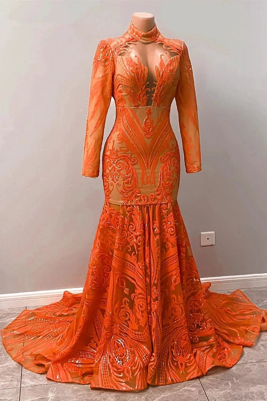Fabulous Orange Halter Appliques Lace Long Sleeve Mermaid Prom Dresses by misshow.com