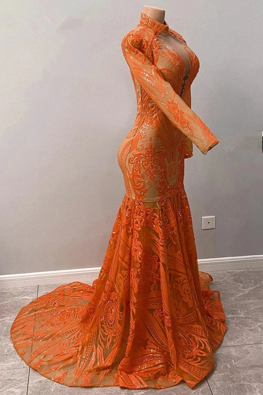 Fabulous Orange Halter Appliques Lace Long Sleeve Mermaid Prom Dresses by misshow.com
