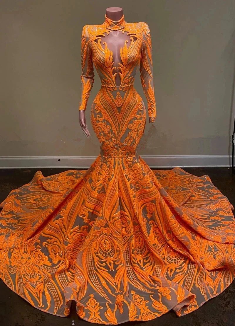 Fabulous Orange Halter Appliques Lace Long Sleeve Mermaid Prom Dresses by misshow.com