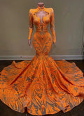Fabulous Orange Halter Appliques Lace Long Sleeve Mermaid Prom Dresses by misshow.com