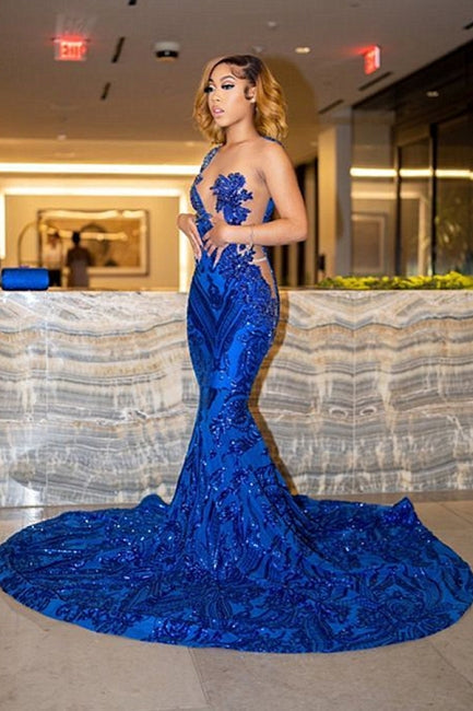 Fabulous Royal Blue Jewel Floor Length Lace Mermaid Prom Dress