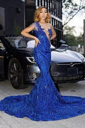 Fabulous Royal Blue Jewel Floor Length Lace Mermaid Prom Dress by misshow.com
