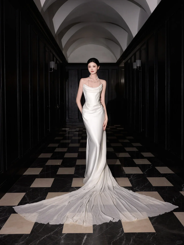 Vestido de fiesta elegante de sirena en satén blanco de gasa, vestido de novia largo sin tirantes Y8591