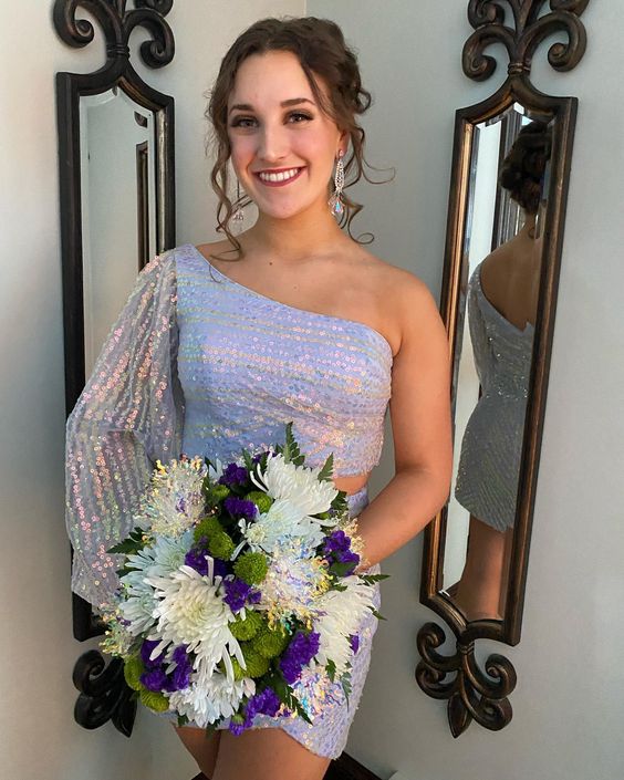 two piece blue sequin one sleeve bodycon mini dress homecoming dress Y510 Main Image