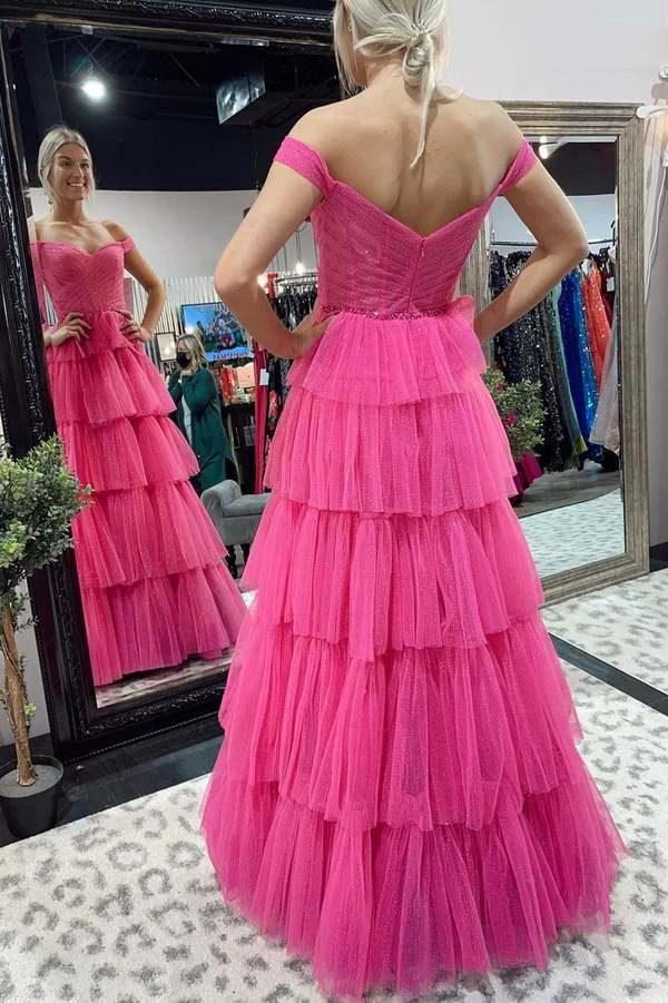 A-Line Fuchsia Tulle Long Prom Dresses Formal Evening Gowns Y482 by simplepromdress
