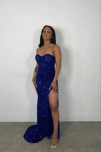 Royal Blue Strapless Sequins Evening Dress Side Slit Classy Royal Blue Prom Dress Y490 by simplepromdress