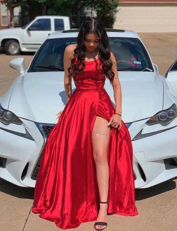 Red Satin Long Prom Gown,Front Slit Evening Dresses,Floor Length Prom Dresses Y516 by simplepromdress