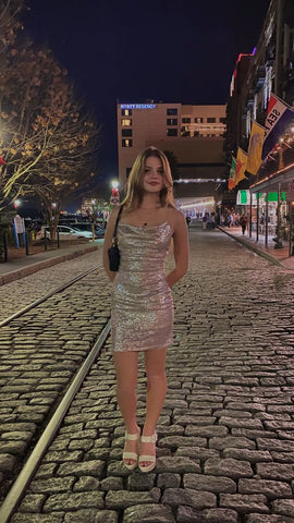 New Years Eve Outfit Dress Spaghetti Straps Sequins Party Dress Tight Homecoming Dress Y479