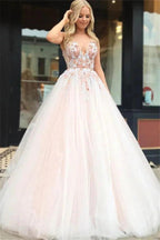 Fascinating Long A-line V-neck Appliques Lace Tulle Backless Prom Dress by BIZTUNNEL