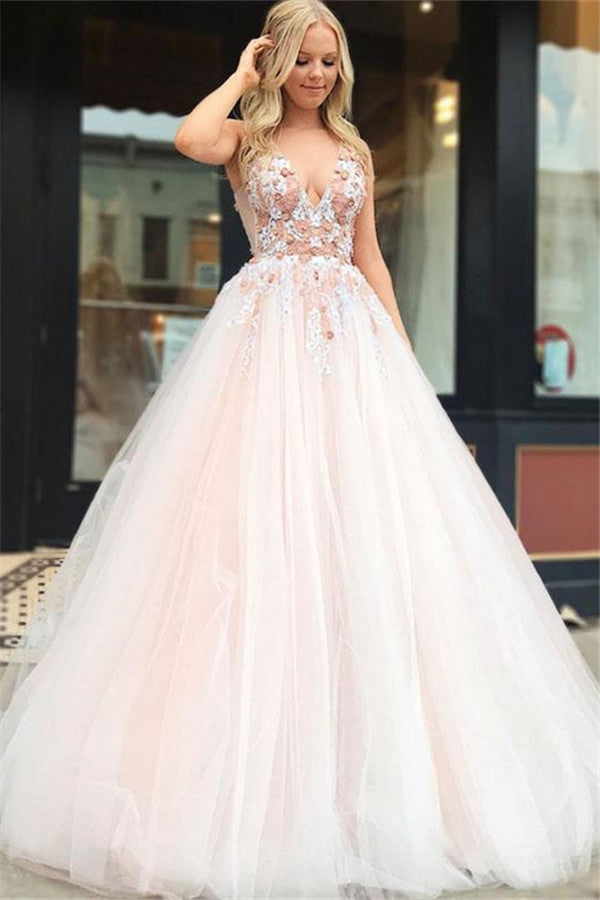 Fascinating Long A-line V-neck Appliques Lace Tulle Backless Prom Dress Hover Image