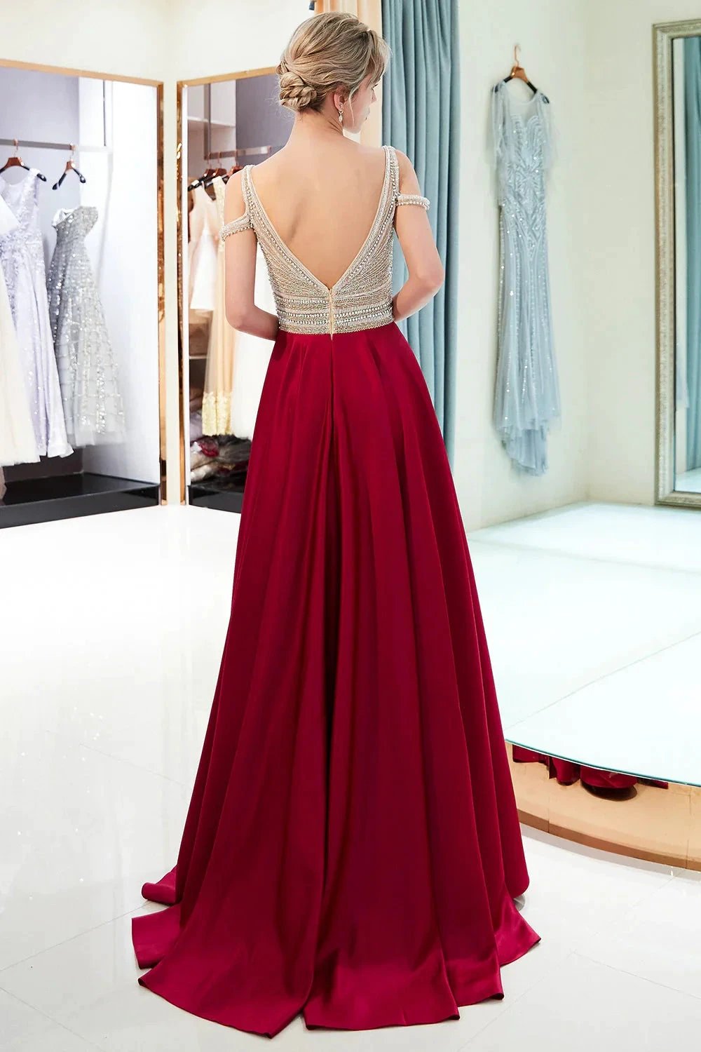 Fascinating Long A-line V-neck Beaded Stretch Satin Evening Dresses by BIZTUNNEL