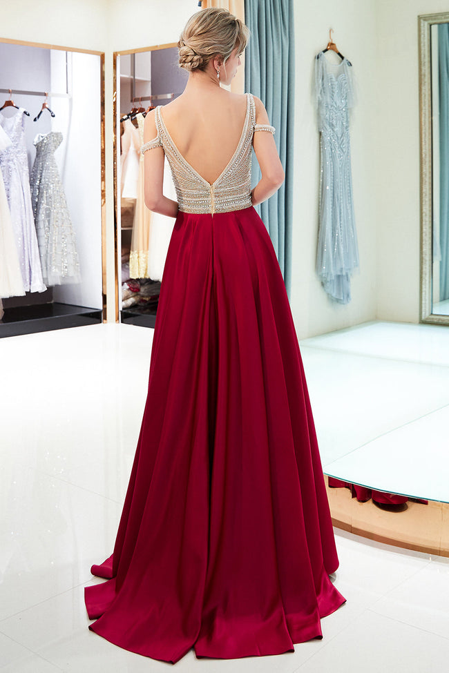 Fascinating Long A-line V-neck Beaded Stretch Satin Evening Dresses Main Image