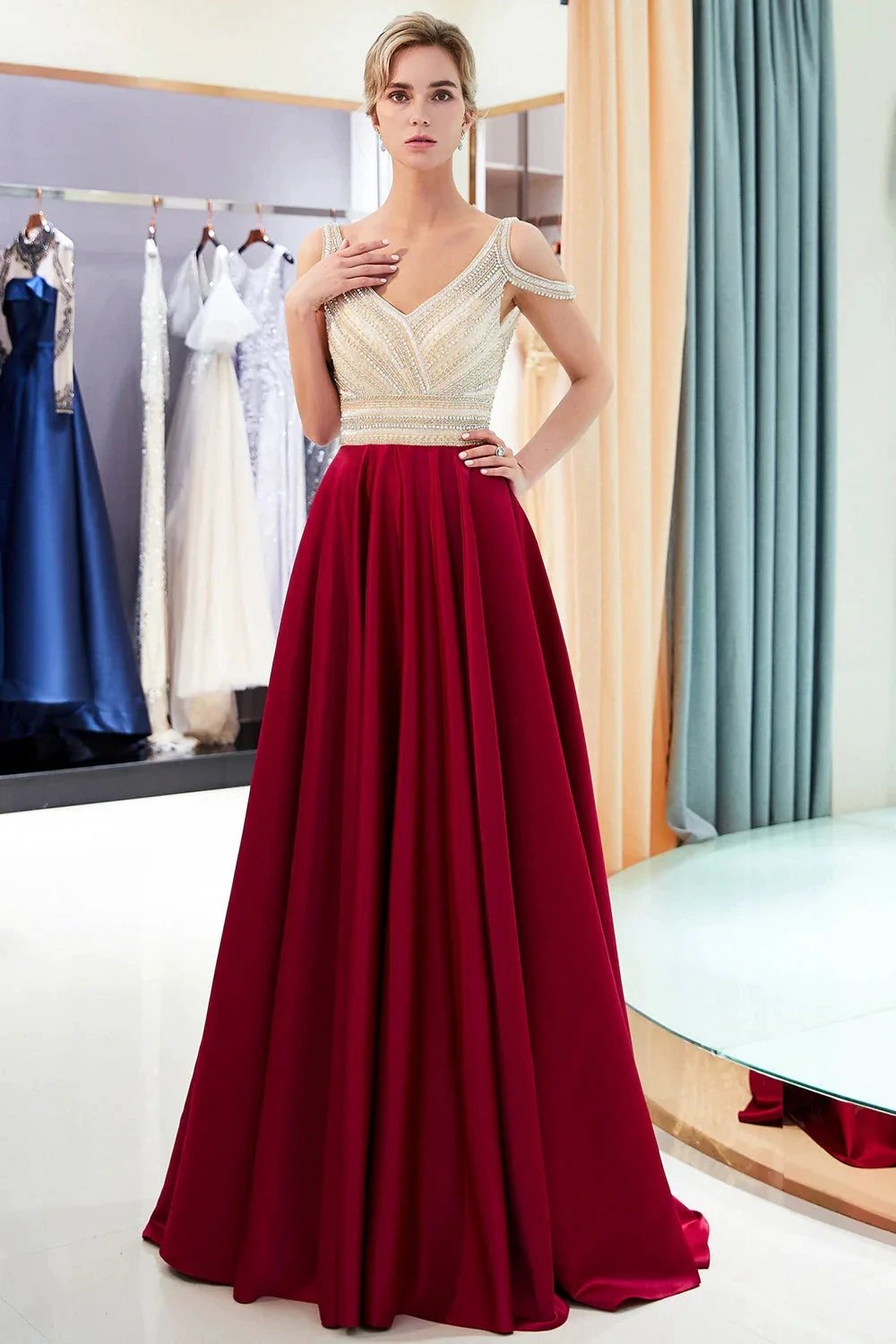 Fascinating Long A-line V-neck Beaded Stretch Satin Evening Dresses by BIZTUNNEL
