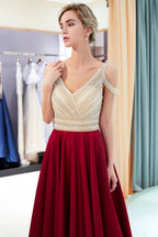 Fascinating Long A-line V-neck Beaded Stretch Satin Evening Dresses by BIZTUNNEL