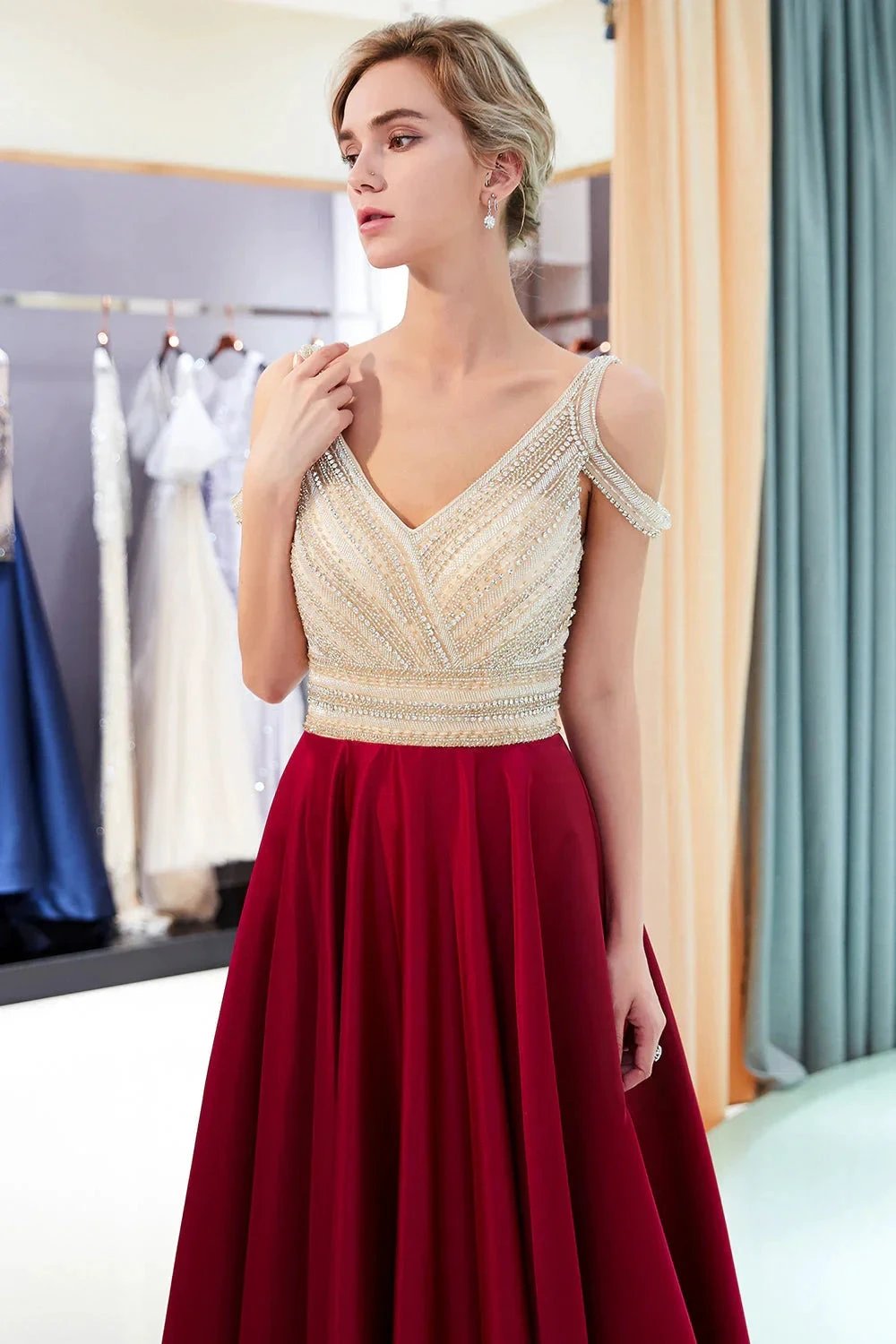 Fascinating Long A-line V-neck Beaded Stretch Satin Evening Dresses by BIZTUNNEL