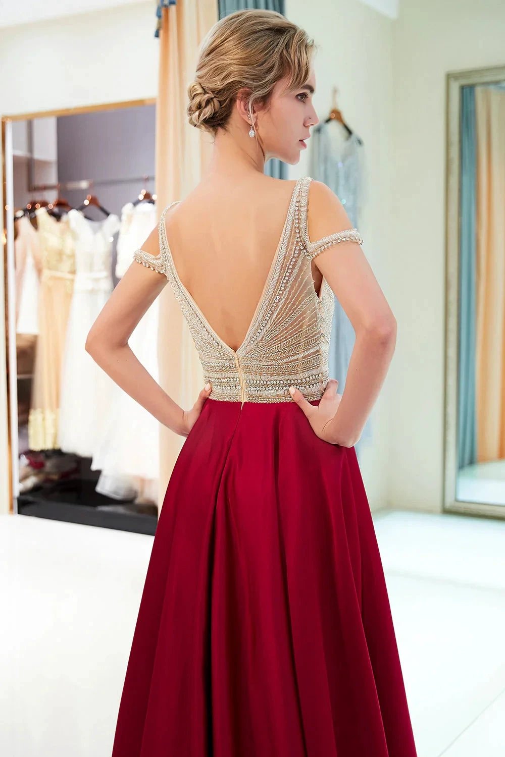 Fascinating Long A-line V-neck Beaded Stretch Satin Evening Dresses by BIZTUNNEL