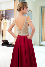 Fascinating Long A-line V-neck Beaded Stretch Satin Evening Dresses by BIZTUNNEL
