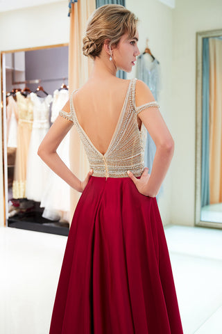 Fascinantes vestidos de noche largos de satén elástico con cuentas y escote en V y corte A