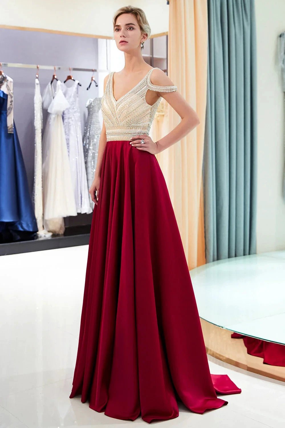 Fascinating Long A-line V-neck Beaded Stretch Satin Evening Dresses by BIZTUNNEL