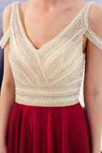 Fascinating Long A-line V-neck Beaded Stretch Satin Evening Dresses by BIZTUNNEL