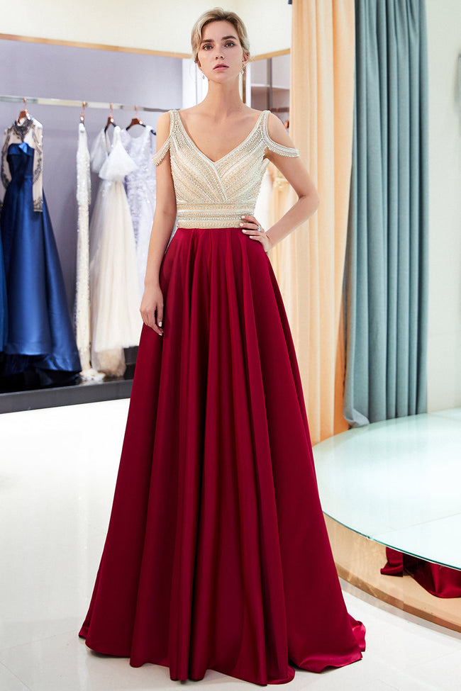Fascinating Long A-line V-neck Beaded Stretch Satin Evening Dresses Hover Image