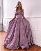 Fascinating Long A-line V-neck Bright silk Prom Dress with Pockets by BIZTUNNEL