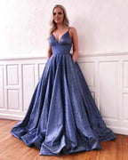 Fascinating Long A-line V-neck Bright silk Prom Dress with Pockets by BIZTUNNEL