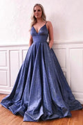 Fascinating Long A-line V-neck Bright silk Prom Dress with Pockets by BIZTUNNEL